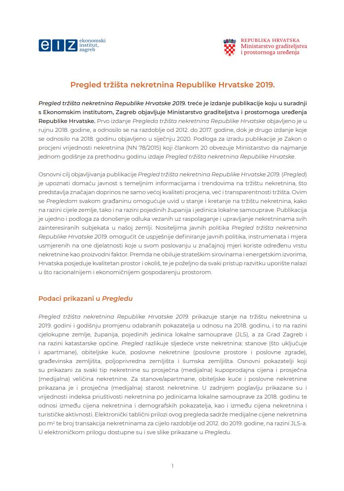prikaz prve stranice dokumenta Pregled tržišta nekretnina Republike Hrvatske : 2019 - sažetak